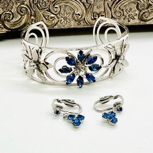 Vintage Sapphire Blue Rhinestone Bracelet & Earrings